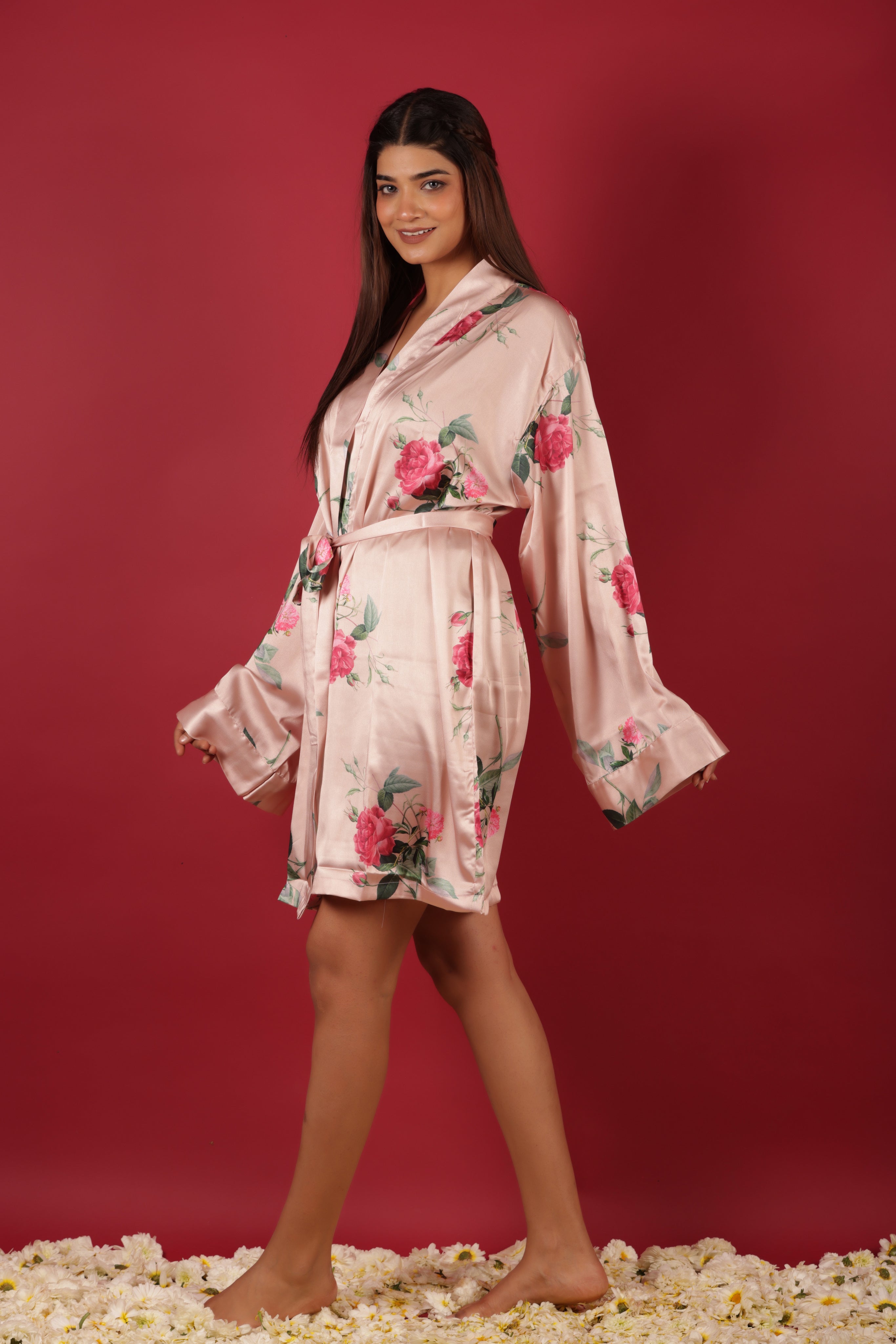 Bridal Party Probe Floral Printed Peach Bathrobe